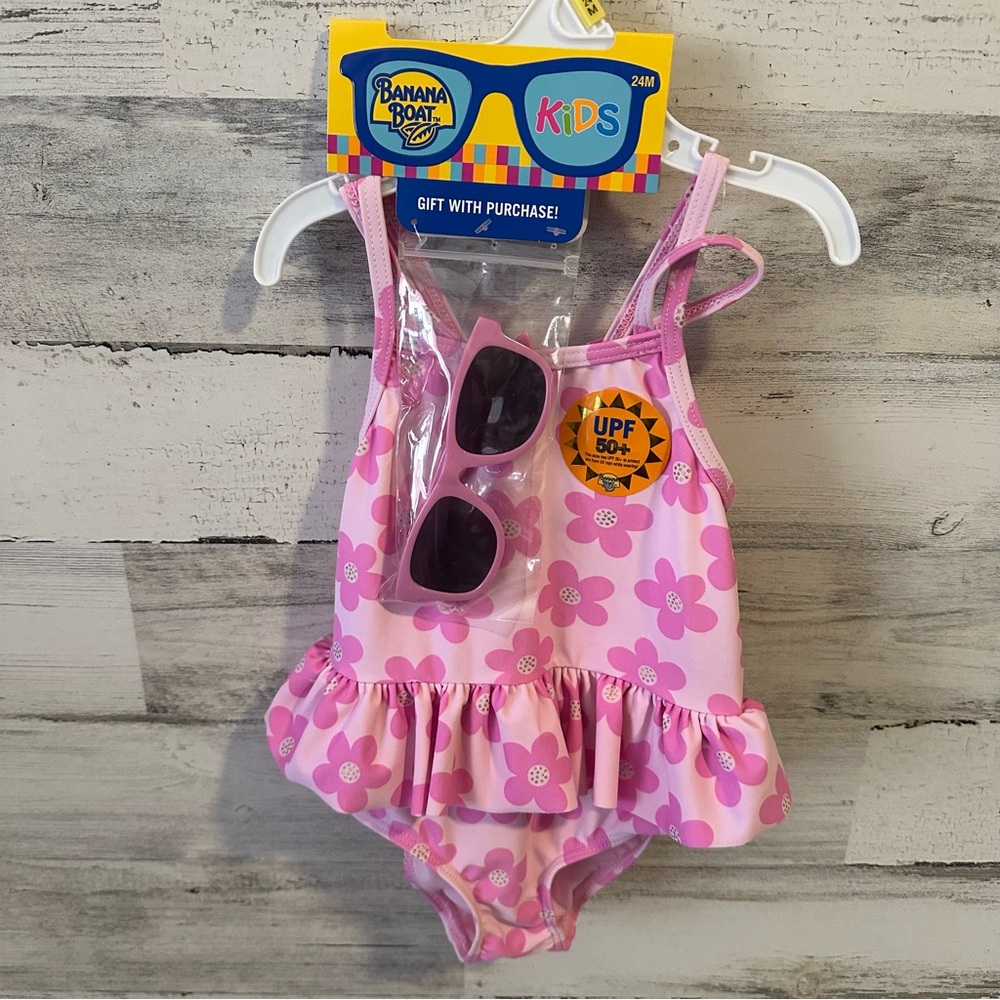 Baby Girl Banana Boat Bathing Suit Pink & Sunglasses Size 24 Months NEW